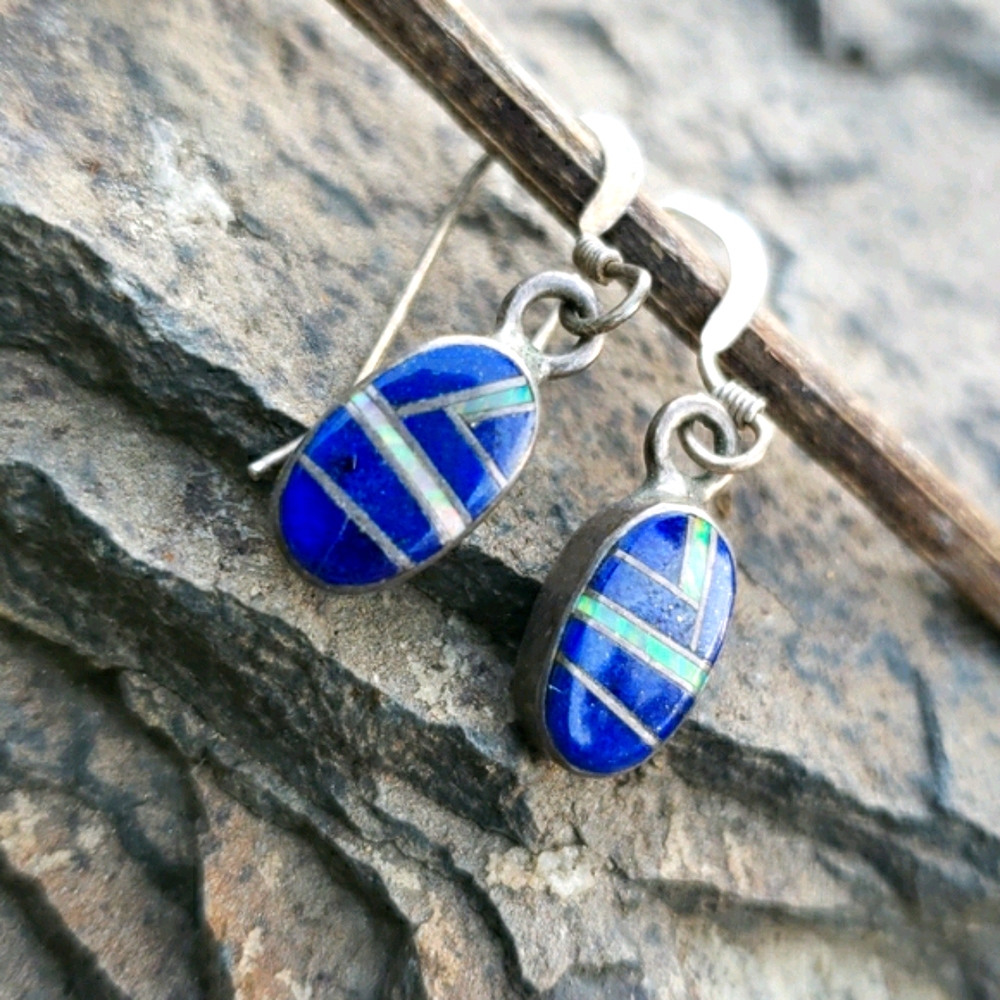 Vtg Genuine Lapis Opal Mosaic Silver Drop Earrings - Picture 9 of 16